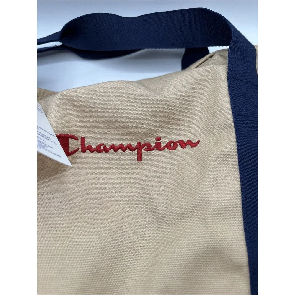 Champion 24" Canvas Duffel Bag Tan Blue Shoulder Strap Sports Gym Travel Men NWT - Picture 3 of 12